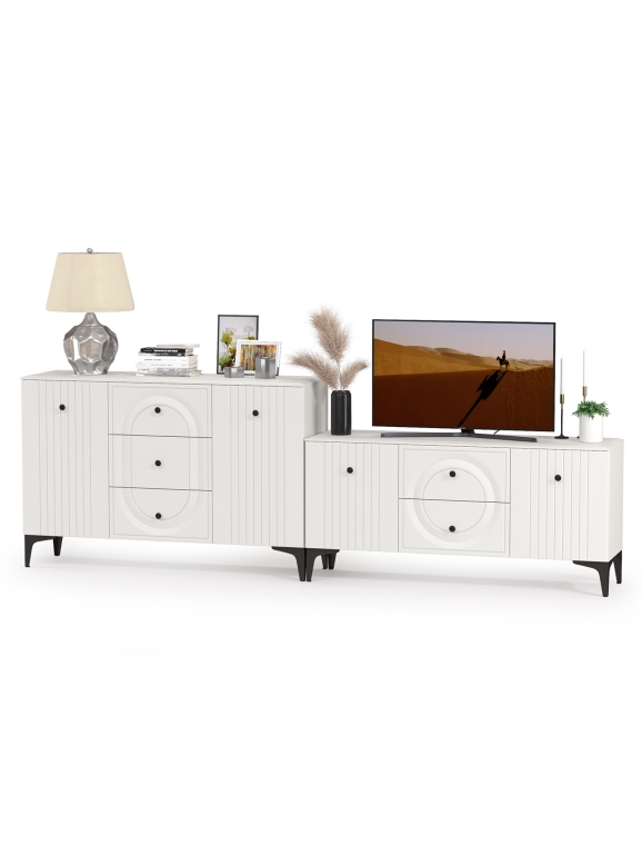 Валенсия Спальня 13.309 Комод + 16.45 Тумба под ТВ, цвет ЛДСП белый шагрень/МДФ белый шагрень, ШхГхВ 266,3х38,4х87,5 см.