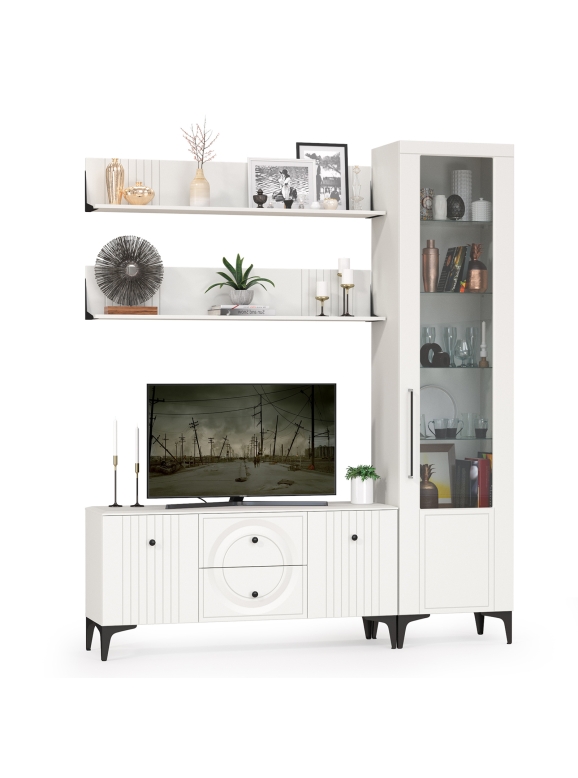 Валенсия Гостиная № 056, цвет ЛДСП белый шагрень/МДФ белый шагрень, ШхГхВ 188,1х38,3х225,2 см., универсальная сборка