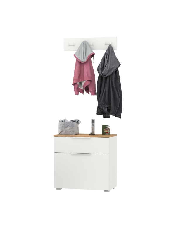 Октава 16.127 Тумба для обуви + 15.14.02 Вешалка, цвет белый шагрень/дуб крафт золотой/фасады МДФ белый шагрень, ШхГхВ 64,9х35,4х180 см.