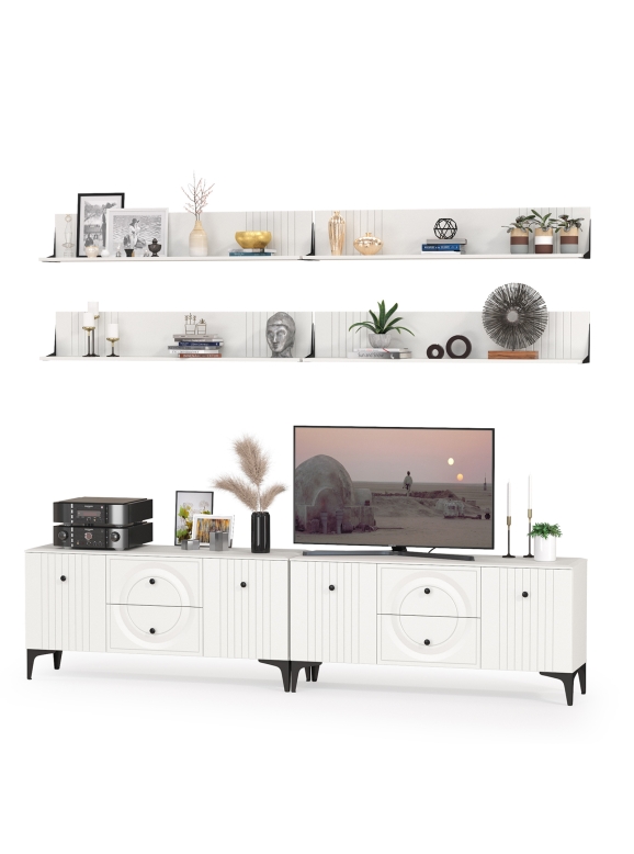 Валенсия Гостиная № 053, цвет ЛДСП белый шагрень/МДФ белый шагрень, ШхГхВ 266,2х38,3х210 см.