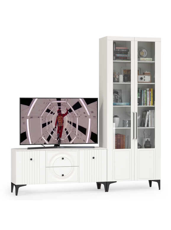 Валенсия Гостиная № 057, цвет ЛДСП белый шагрень/МДФ белый шагрень, ШхГхВ 217,2х38,3х225,2 см., универсальная сборка