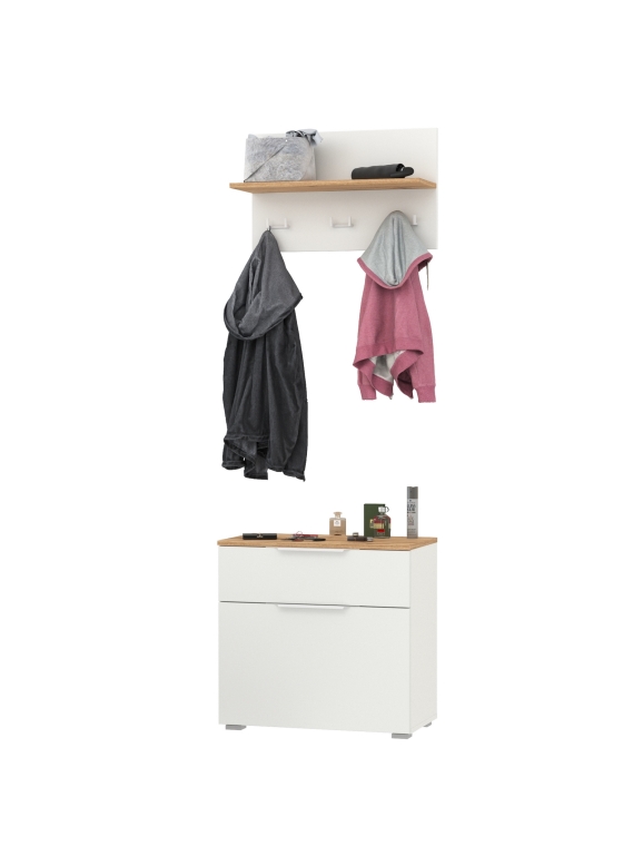 Октава 16.127 Тумба для обуви + 15.14.01 Вешалка, цвет белый шагрень/дуб крафт золотой/фасады МДФ белый шагрень, ШхГхВ 64,9х35,4х197 см.