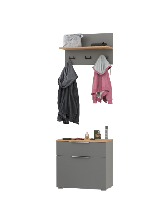 Октава 16.127 Тумба для обуви + 15.14.01 Вешалка, цвет серый графит/дуб крафт золотой/фасады МДФ серый графит, ШхГхВ 64,9х35,4х197 см.