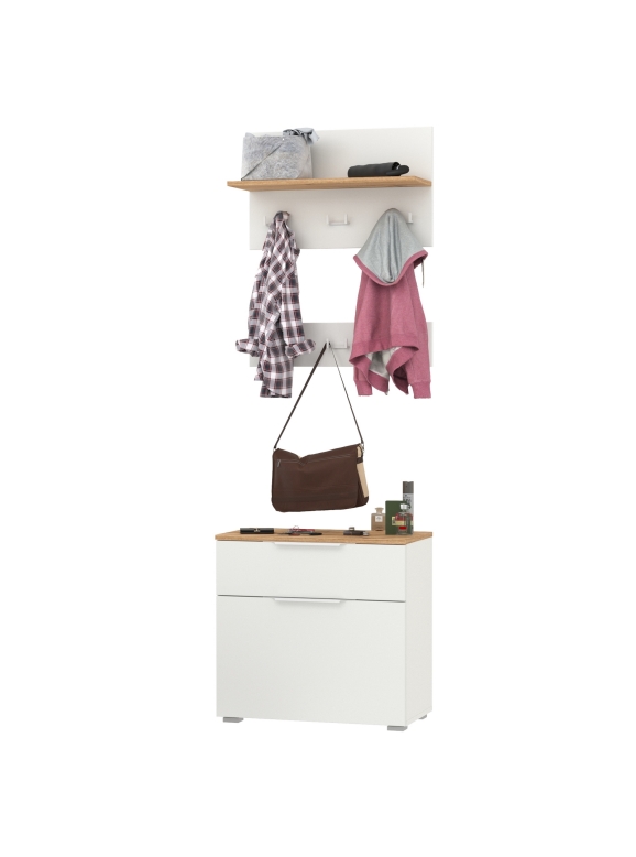 Октава 16.127 Тумба для обуви + 15.14.01 Вешалка + 15.14.02, цвет белый шагрень/дуб крафт золотой/фасады МДФ белый шагрень, ШхГхВ 64,9х35,4х197 см.