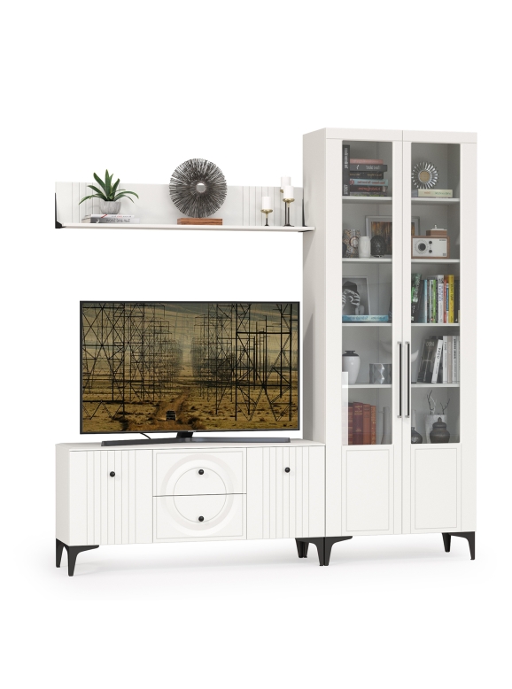 Валенсия Гостиная № 058, цвет ЛДСП белый шагрень/МДФ белый шагрень, ШхГхВ 217,2х38,3х225,2 см., универсальная сборка