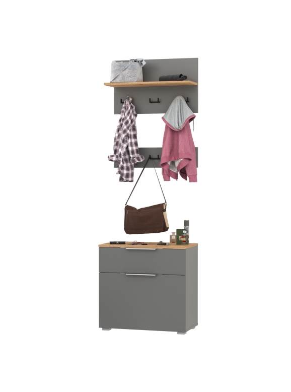 Октава 16.127 Тумба для обуви + 15.14.01 Вешалка + 15.14.02, цвет серый графит/дуб крафт золотой/фасады МДФ серый графит, ШхГхВ 64,9х35,4х197 см.
