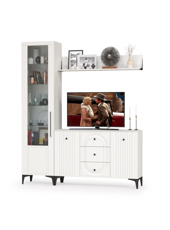 Валенсия Гостиная № 093, цвет ЛДСП белый шагрень/МДФ белый шагрень, ШхГхВ 188,2х38,4х225,2 см., универсальная сборка