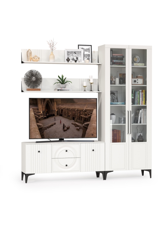 Валенсия Гостиная № 059, цвет ЛДСП белый шагрень/МДФ белый шагрень, ШхГхВ 217,2х38,3х225,2 см., универсальная сборка