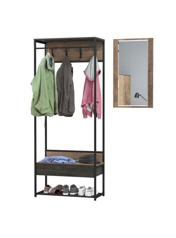 Трувор 15.120 Прихожая + 15.30 Зеркало, цвет дуб гранж песочный/интра, ШхГхВ 130х36,6х194,2 см., универсальная сборка