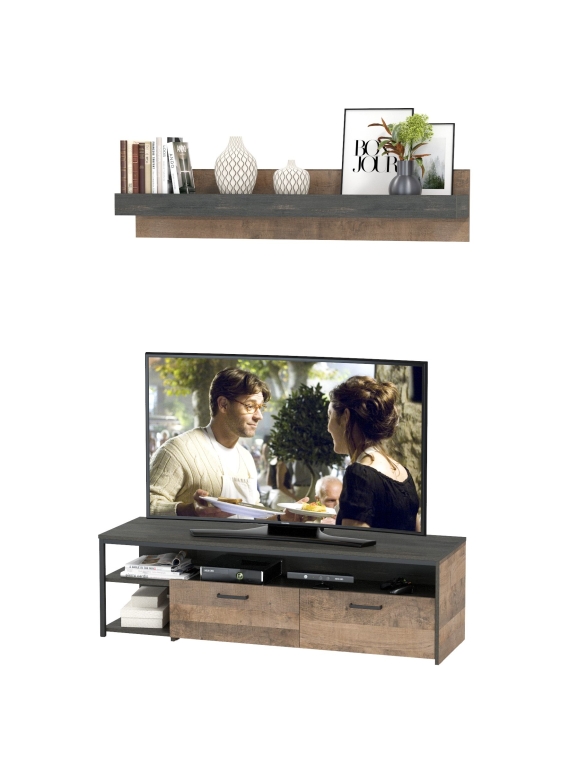 КР100 Трувор 13.70 Тумба под ТВ + 15.60 Полка, цвет дуб гранж песочный/интра, ШхГхВ 149,8х45,4х195 см., универсальная сборка