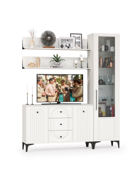 Валенсия Гостиная № 094, цвет ЛДСП белый шагрень/МДФ белый шагрень, ШхГхВ 188,2х38,4х225,2 см., универсальная сборка