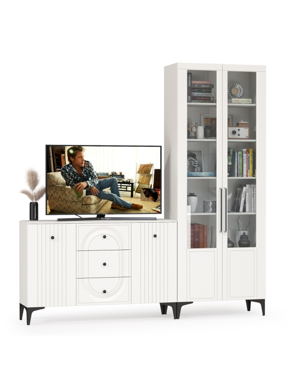 Валенсия Гостиная № 095, цвет ЛДСП белый шагрень/МДФ белый шагрень, ШхГхВ 217,3х38,4х225,2 см., универсальная сборка