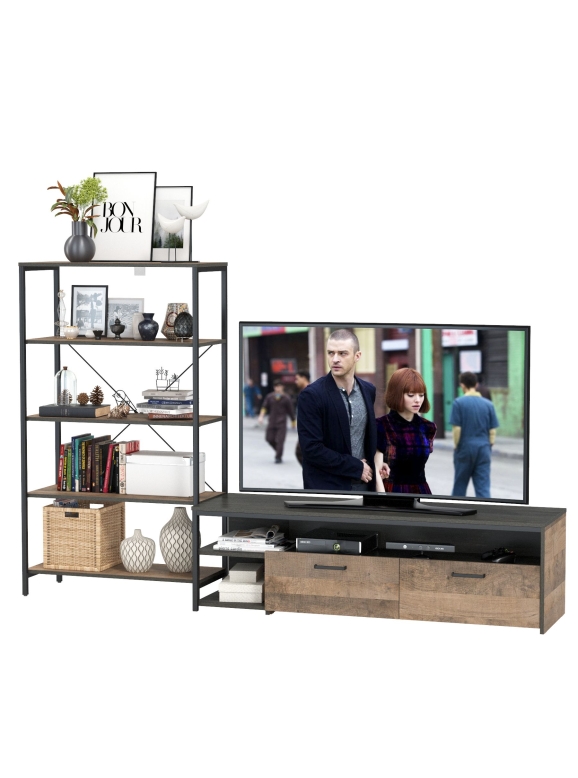 КР100 Трувор 13.70 Тумба под ТВ + 13.151.01 Стеллаж, цвет дуб гранж песочный/интра, ШхГхВ 232,6х45,4х146 см., универсальная сборка