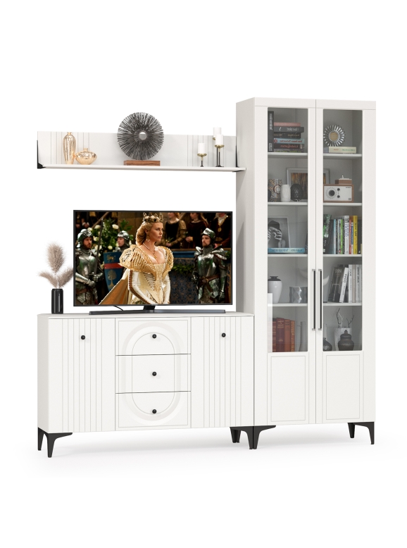 Валенсия Гостиная № 096, цвет ЛДСП белый шагрень/МДФ белый шагрень, ШхГхВ 217,3х38,4х225,2 см., универсальная сборка