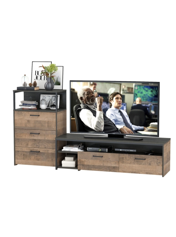 Трувор 13.70 Тумба под ТВ + 13.307.02 Комод с ящиками, цвет дуб гранж песочный/интра, ШхГхВ 215,8х45,4х106,9 см., универсальная сборка