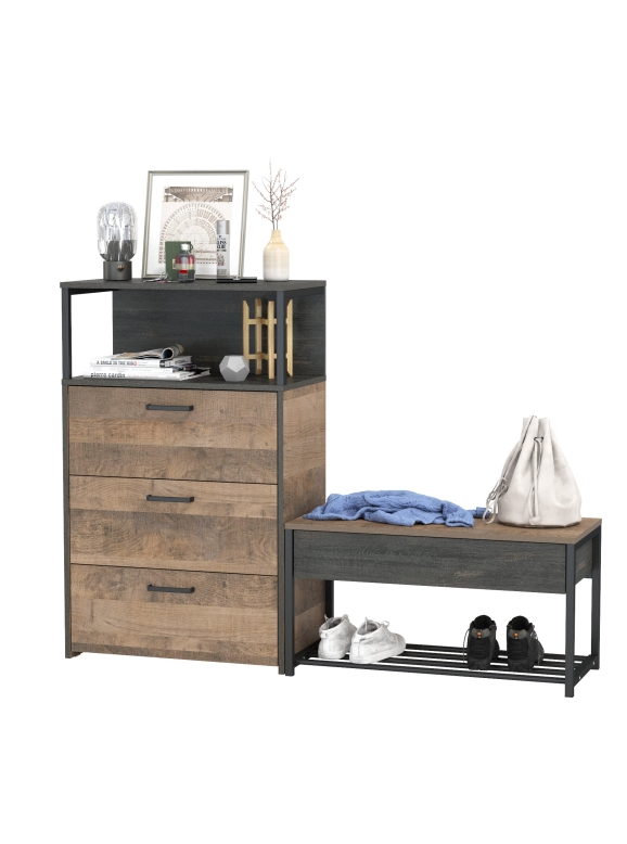 Трувор 13.241.03 Тумба для обуви + 13.307.02 Комод с ящиками, цвет дуб гранж песочный/интра, ШхГхВ 146х37х106,9 см., универсальная сборка