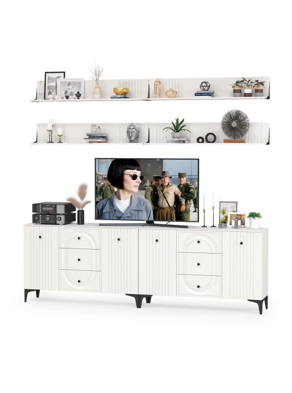 Валенсия Гостиная № 091, цвет ЛДСП белый шагрень/МДФ белый шагрень, ШхГхВ 266,3х38,4х225 см.