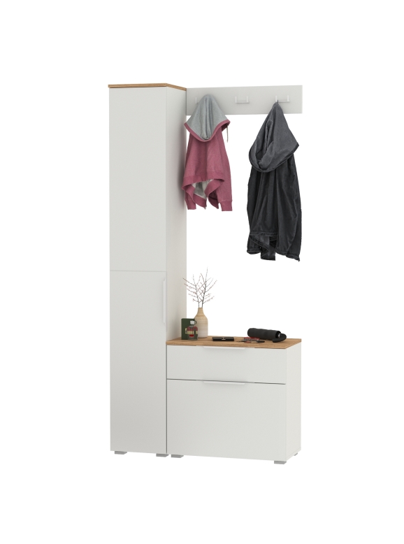 Октава Прихожая 15, цвет белый шагрень/дуб крафт золотой/фасады МДФ белый шагрень, ШхГхВ 97,1х35,4х197,6 см., универсальная сборка