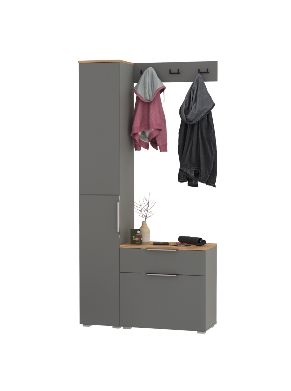 Октава Прихожая 15, цвет серый графит/дуб крафт золотой/фасады МДФ серый графит, ШхГхВ 97,1х35,4х197,6 см., универсальная сборка