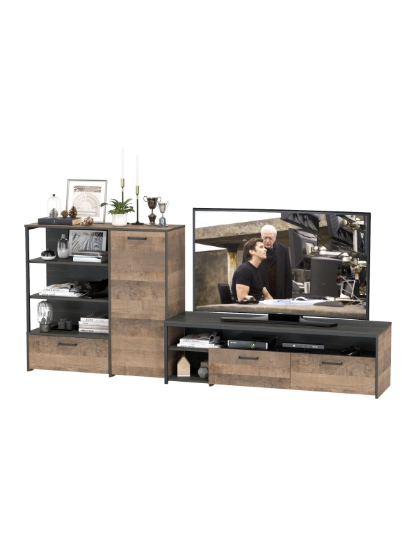 Трувор 13.70 Тумба под ТВ + 13.307.01 Комод, цвет дуб гранж песочный/интра, ШхГхВ 258,8х45,4х106,9 см., универсальная сборка