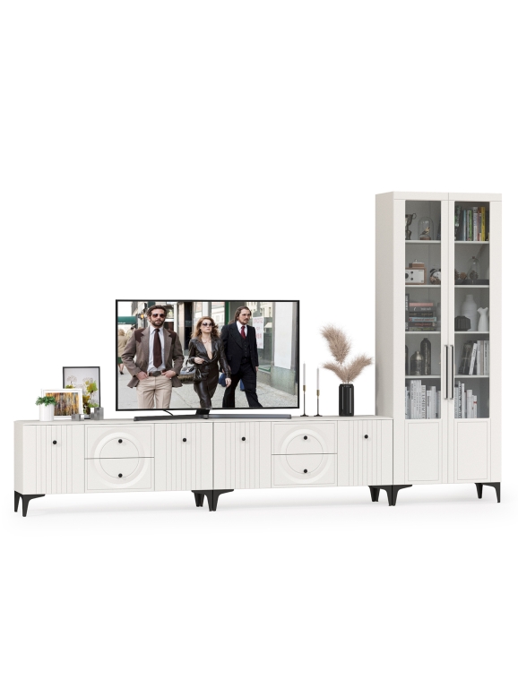 Валенсия Гостиная № 082, цвет ЛДСП белый шагрень/МДФ белый шагрень, ШхГхВ 350,3х38,3х225,2 см., универсальная сборка