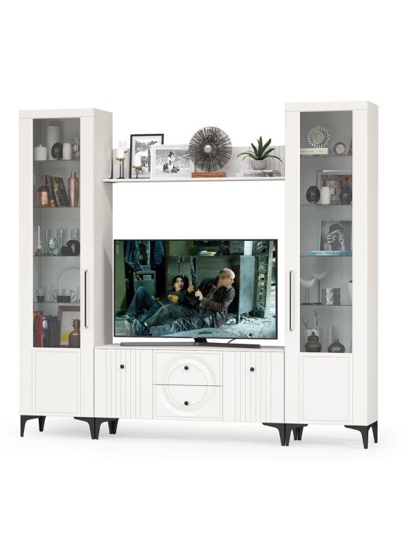 Валенсия Гостиная № 062, цвет ЛДСП белый шагрень/МДФ белый шагрень, ШхГхВ 243,1х38,3х225,2 см., ниша для ТВ 133х38х117 см.