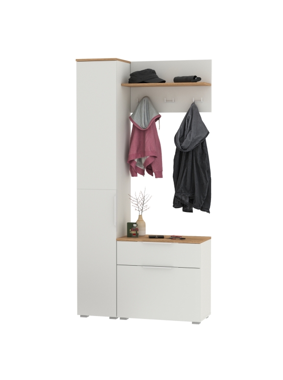 Октава Прихожая 14, цвет белый шагрень/дуб крафт золотой/фасады МДФ белый шагрень, ШхГхВ 97,1х35,4х197,6 см., универсальная сборка