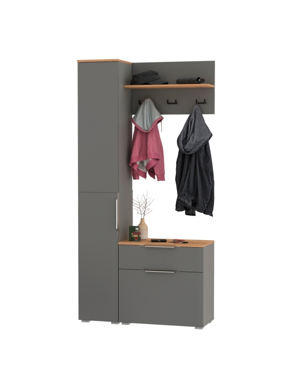 Октава Прихожая 14, цвет серый графит/дуб крафт золотой/фасады МДФ серый графит, ШхГхВ 97,1х35,4х197,6 см., универсальная сборка