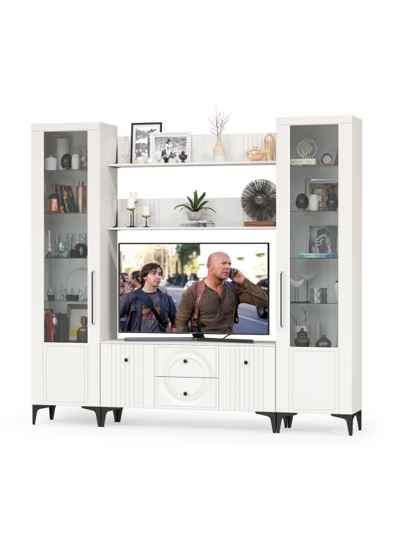 Валенсия Гостиная № 063, цвет ЛДСП белый шагрень/МДФ белый шагрень, ШхГхВ 243,1х38,3х225,2 см., ниша для ТВ 133х38х117 см.