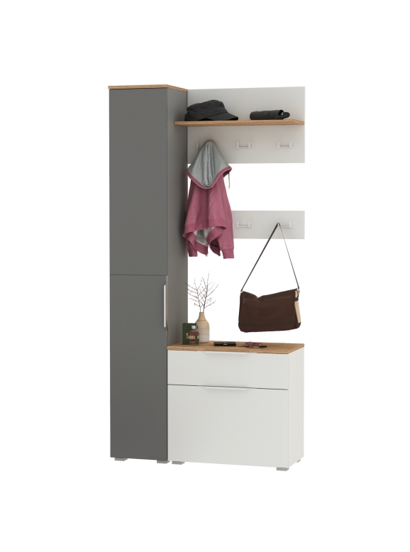 Октава Прихожая 50, цвет белый шагрень/серый графит/дуб крафт золотой/фасады МДФ белый шагрень/серый графит, ШхГхВ 97,1х35,4х197,6 см., ун. сб.