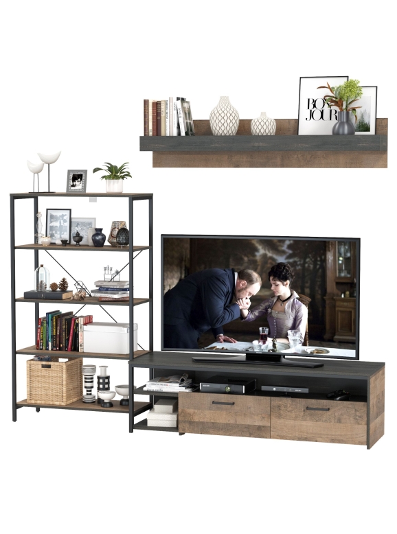 КР100 Трувор 13.70 Тумба под ТВ + 13.151.01 Стеллаж + 15.60 Полка, цвет дуб гранж песочный/интра, ШхГхВ 232,6х45,4х146 см., универсальная сборка