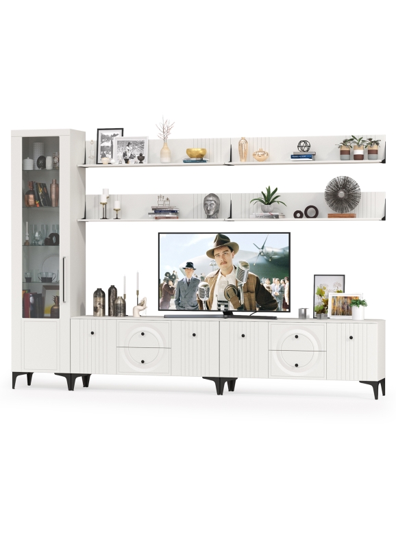 Валенсия Гостиная № 081, цвет ЛДСП белый шагрень/МДФ белый шагрень, ШхГхВ 321,2х38,3х225,2 см., универсальная сборка