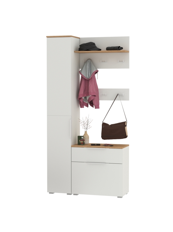 Октава Прихожая 16, цвет белый шагрень/дуб крафт золотой/фасады МДФ белый шагрень, ШхГхВ 97,1х35,4х197,6 см., универсальная сборка