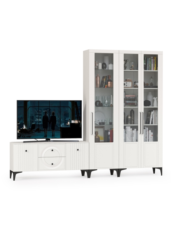 Валенсия Гостиная № 076, цвет ЛДСП белый шагрень/МДФ белый шагрень, ШхГхВ 272,2х38,3х225,2 см., универсальная сборка