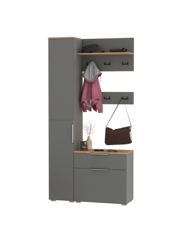 Октава Прихожая 16, цвет серый графит/дуб крафт золотой/фасады МДФ серый графит, ШхГхВ 97,1х35,4х197,6 см., универсальная сборка