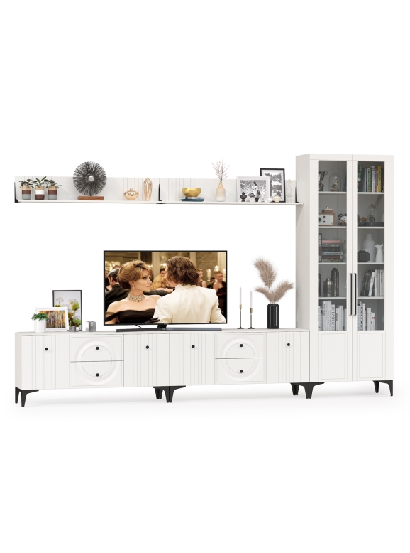 Валенсия Гостиная № 083, цвет ЛДСП белый шагрень/МДФ белый шагрень, ШхГхВ 350,3х38,3х225,2 см., универсальная сборка