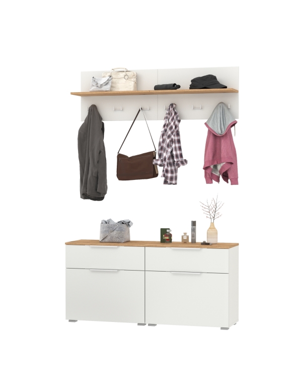 Октава Прихожая 03, цвет белый шагрень/дуб крафт золотой/фасады МДФ белый шагрень, ШхГхВ 129,8х35,4х197 см.