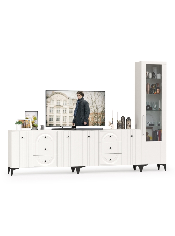 Валенсия Гостиная № 117, цвет ЛДСП белый шагрень/МДФ белый шагрень, ШхГхВ 321,3х38,4х225,2 см., универсальная сборка