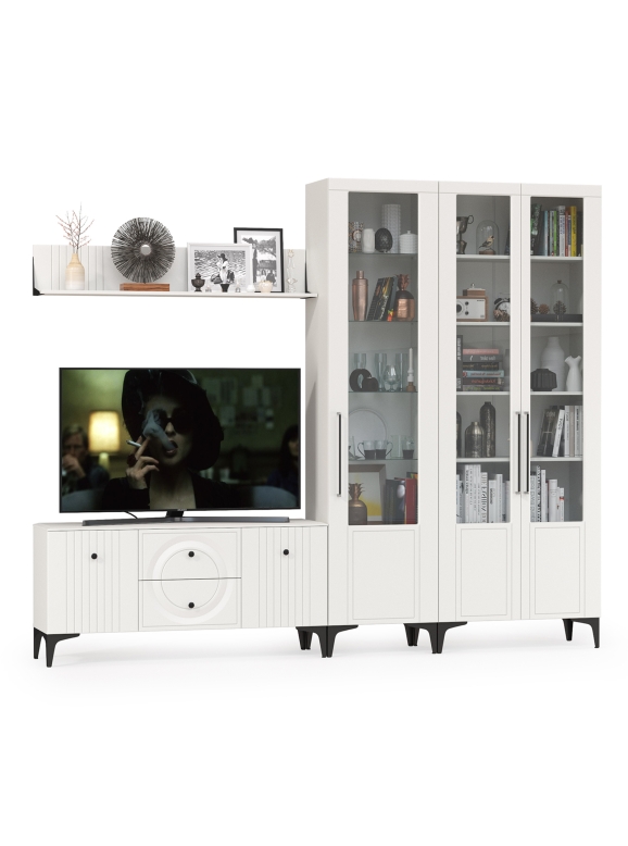 Валенсия Гостиная № 077, цвет ЛДСП белый шагрень/МДФ белый шагрень, ШхГхВ 272,2х38,3х225,2 см., универсальная сборка