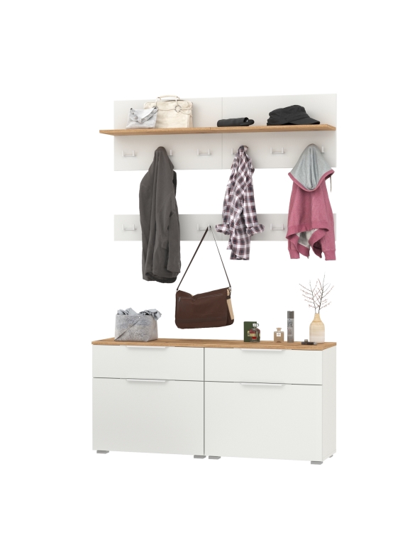 Октава Прихожая 07, цвет белый шагрень/дуб крафт золотой/фасады МДФ белый шагрень, ШхГхВ 129,8х35,4х197 см.