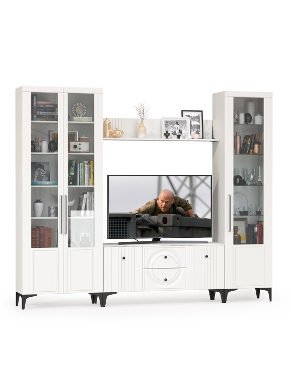 Валенсия Гостиная № 060, цвет ЛДСП белый шагрень/МДФ белый шагрень, ШхГхВ 272,2х38,3х225,2 см., ниша для ТВ 133х38х117 см., универсальная сборка