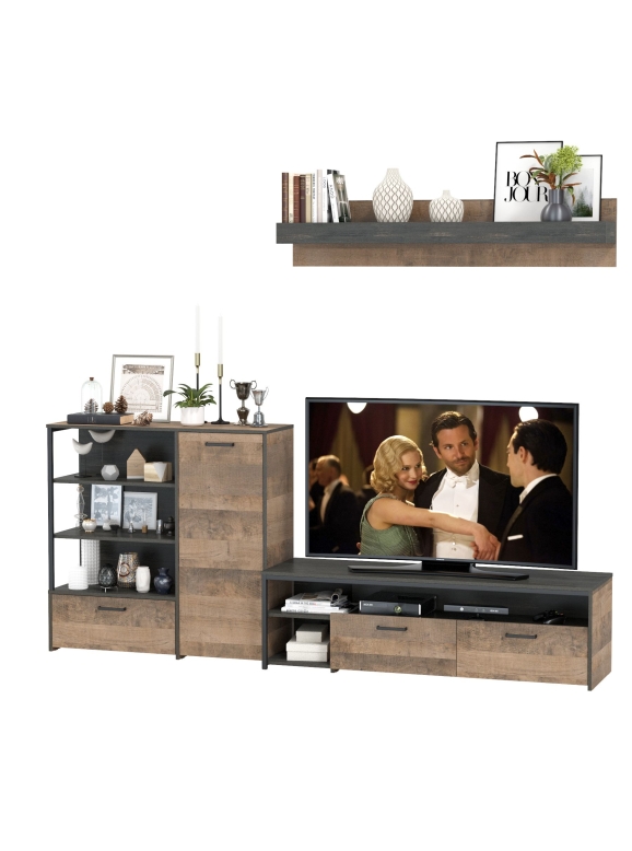 КР100 Трувор 13.70 Тумба под ТВ + 13.307.01 Комод + 15.60 Полка, цвет дуб гранж песочный/интра, ШхГхВ 258,8х45,4х195 см., универсальная сборка