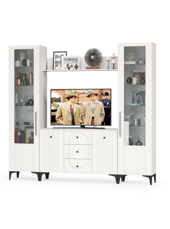 Валенсия Гостиная № 100, цвет ЛДСП белый шагрень/МДФ белый шагрень, ШхГхВ 243,2х38,4х225,2 см., ниша для ТВ 133х38х100 см.