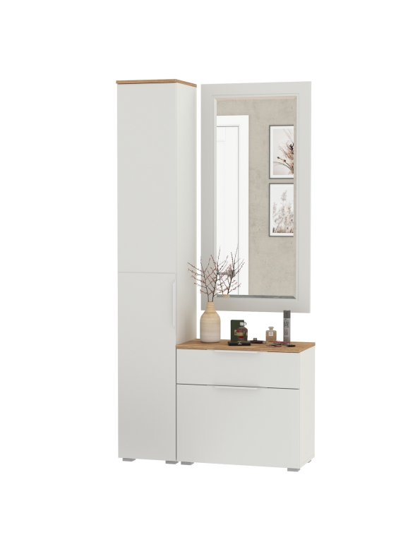 Октава Прихожая 42, цвет белый шагрень/дуб крафт золотой/фасады МДФ белый шагрень, ШхГхВ 97,1х35,4х197,6 см., универсальная сборка