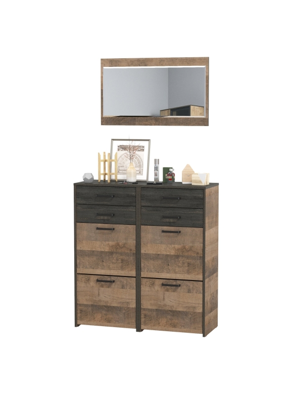 Трувор 13.241.06 Тумба для обуви + 13.241.06 Тумба для обуви + 15.30 Зеркало, цвет дуб гранж песочный/интра, ШхГхВ 100х37х195 см.