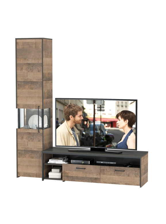 Трувор 13.70 Тумба под ТВ + 13.205 Шкаф-пенал с витриной, цвет дуб гранж песочный/интра, ШхГхВ 194,6х45,4х210 см., универсальная сборка