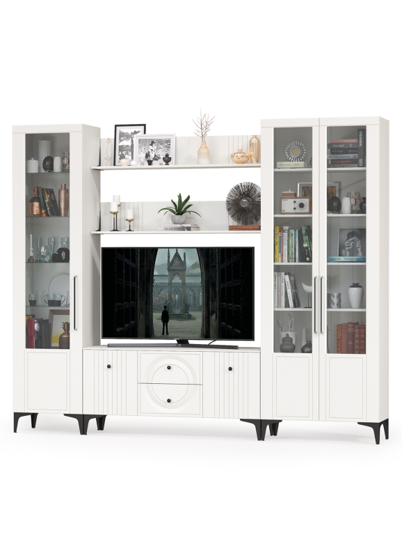 Валенсия Гостиная № 061, цвет ЛДСП белый шагрень/МДФ белый шагрень, ШхГхВ 272,2х38,3х225,2 см., ниша для ТВ 133х38х117 см., универсальная сборка