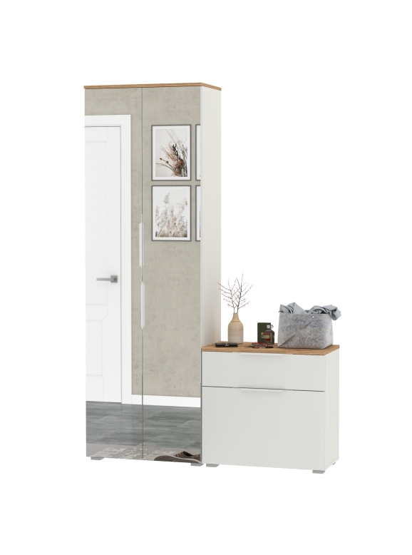 Октава Прихожая 09, цвет белый шагрень/дуб крафт золотой/фасады МДФ белый шагрень, ШхГхВ 129,3х35,4х197,6 см., универсальная сборка