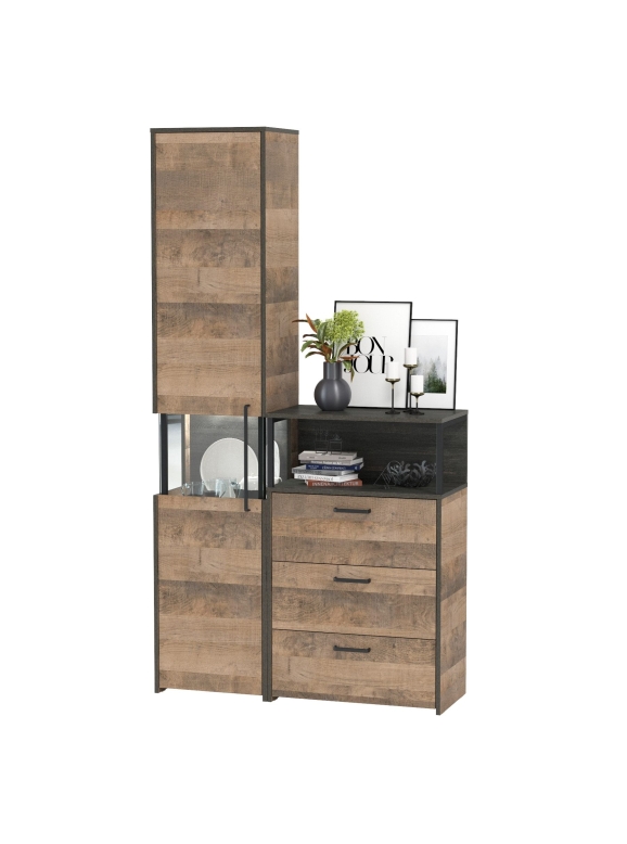 Трувор 13.205 Шкаф-пенал с витриной + 13.307.02 Комод с ящиками, цвет дуб гранж песочный/интра, ШхГхВ 110,8х37х210 см., универсальная сборка