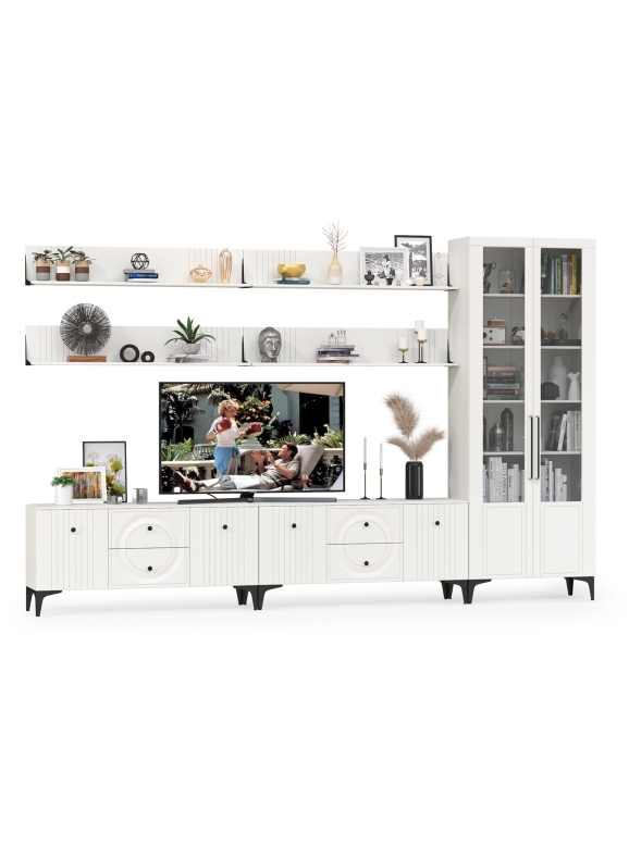 Валенсия Гостиная № 084, цвет ЛДСП белый шагрень/МДФ белый шагрень, ШхГхВ 350,3х38,3х225,2 см., универсальная сборка